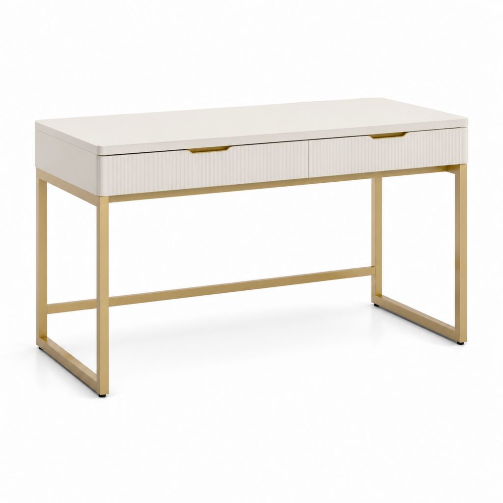 Bureau informatique rectangulaire blanc et doré en panneaux MDF mélaminés et acier 120 x 60 x 75 cm avec 2 tiroirs