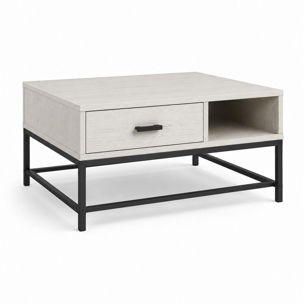 Table basse avec rangement chêne clair et acier noir rectangulaire 100 x 60 x 45 cm