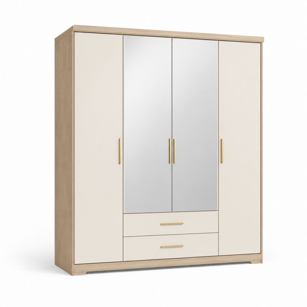 Armoire 4 portes avec miroirs et 2 tiroirs chêne clair ivoire 180 x 52 x 200 cm