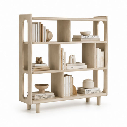 Bibliothèque ouverte beige en bois massif 120 x 35 x 140 cm avec 9 compartiments