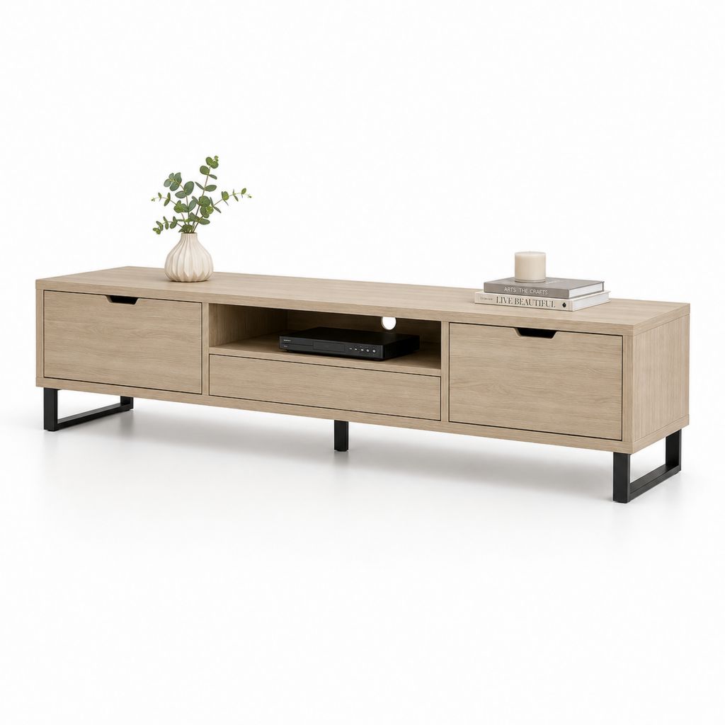 Meuble TV rectangulaire chêne clair en panneaux de particules avec pieds en acier noir 180 x 40 x 50 cm