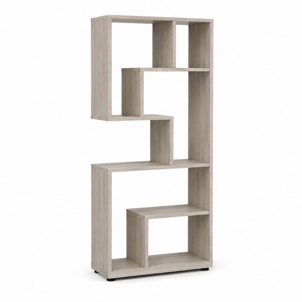 Bibliothèque asymétrique gris chêne en panneaux de particules mélaminés 60 x 24 x 170 cm