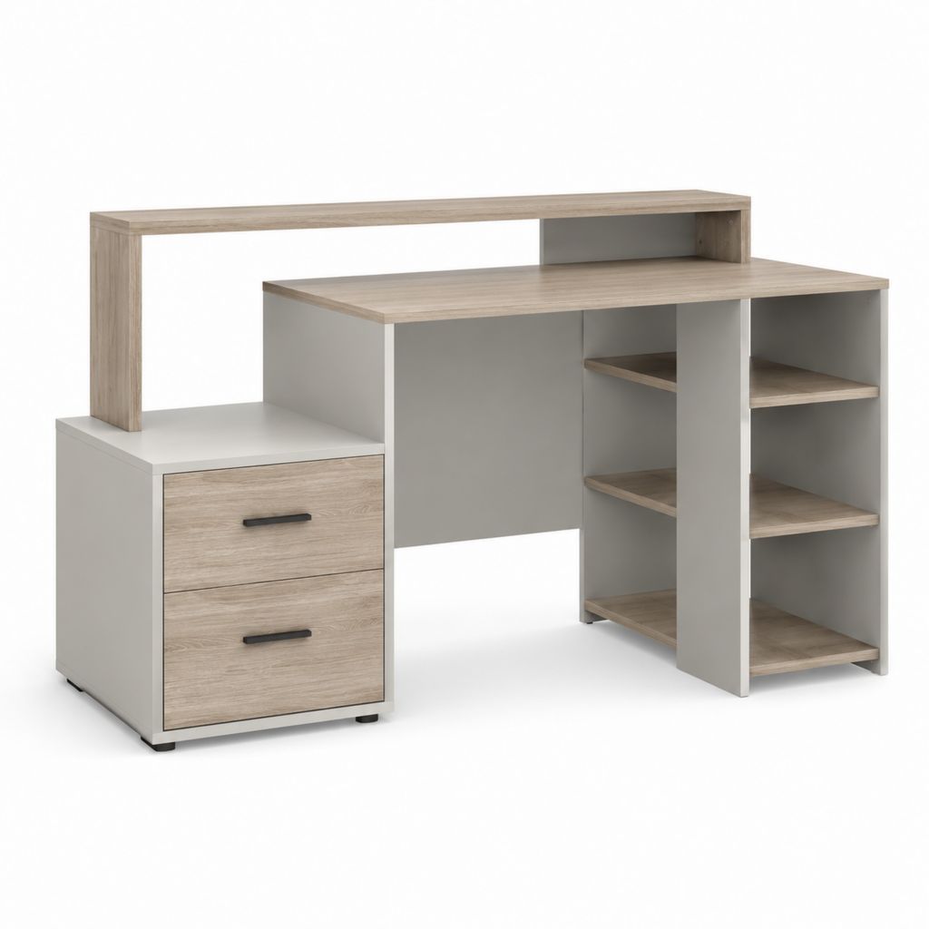 Bureau informatique avec caisson 2 tiroirs et étagères chêne clair blanc 120 x 60 x 110 cm