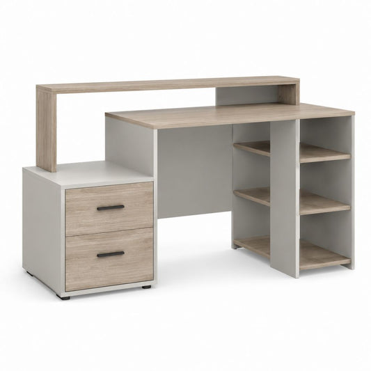 Bureau informatique avec caisson 2 tiroirs et étagères chêne clair blanc 120 x 60 x 110 cm