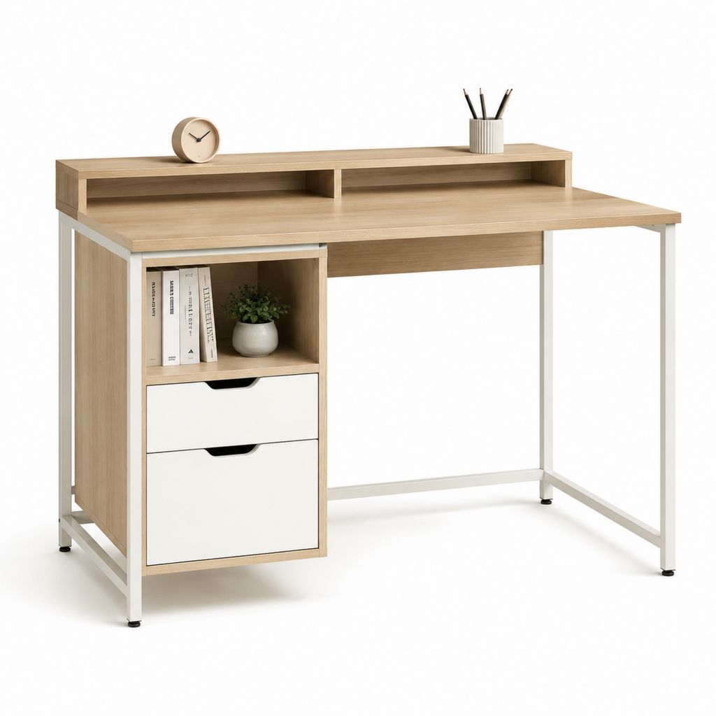 Bureau informatique avec rangement chêne clair et blanc en panneaux de particules 120 x 60 x 92 cm