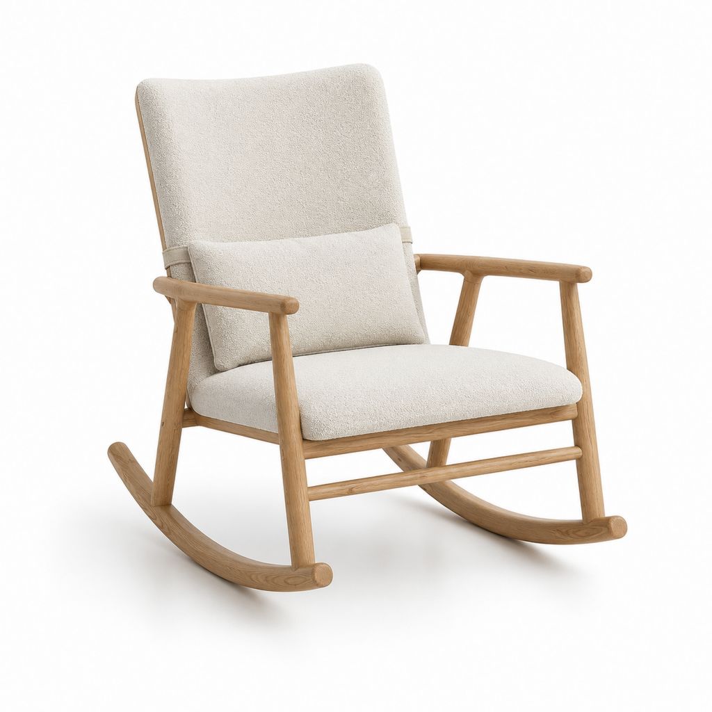 Fauteuil à bascule avec coussin écru en polyester et chêne massif 68 x 92 x 100 cm