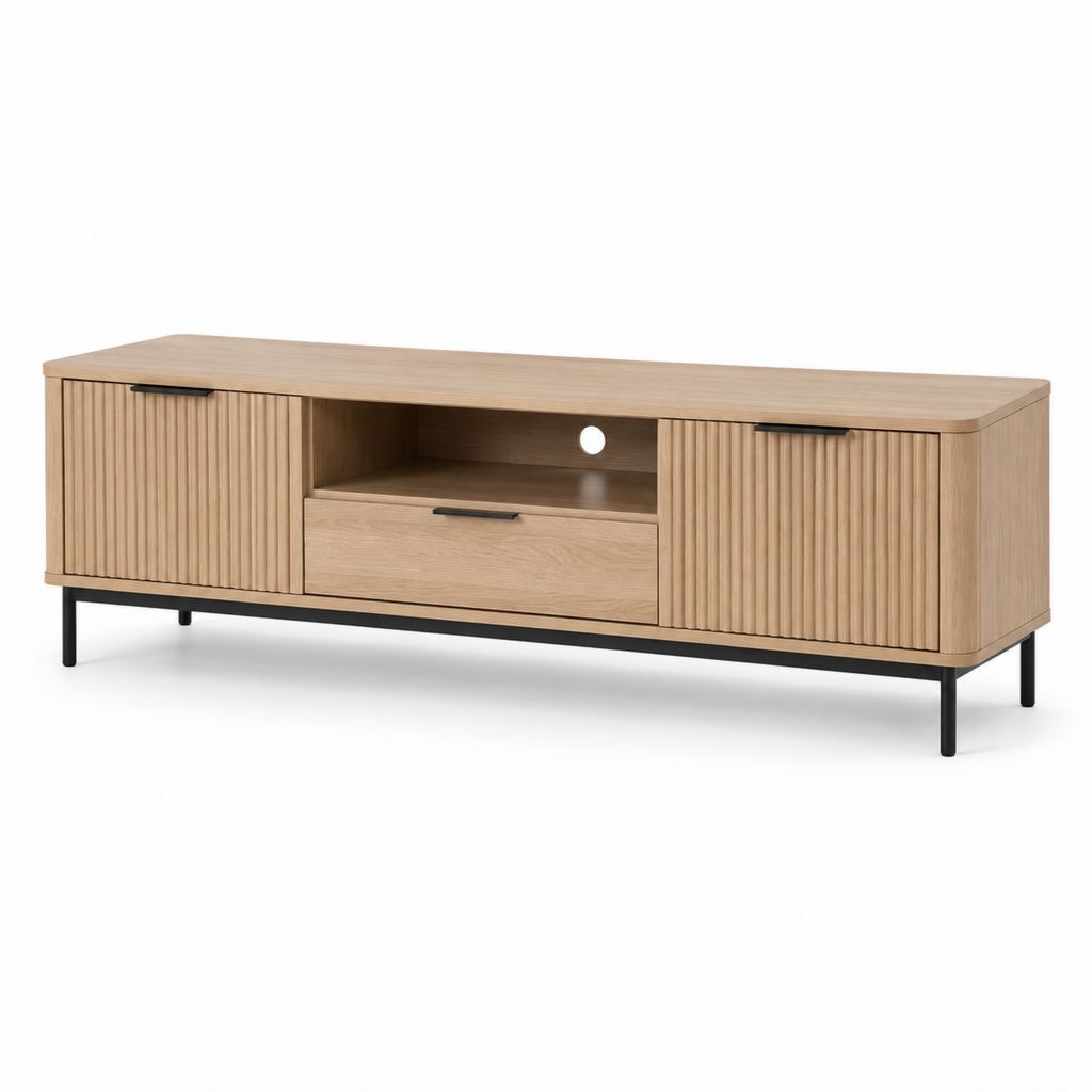 Meuble TV en MDF décor chêne naturel 180 x 40 x 60 cm avec 2 portes 1 tiroir et passe-câbles