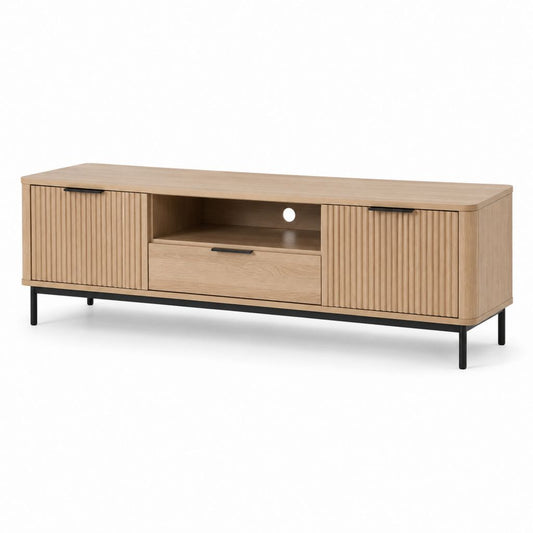 Meuble TV en MDF décor chêne naturel 180 x 40 x 60 cm avec 2 portes 1 tiroir et passe-câbles