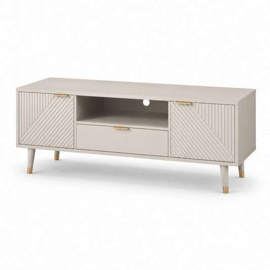 Meuble TV 160 cm gris clair en panneaux MDF avec 2 portes 1 tiroir et niche ouverte
