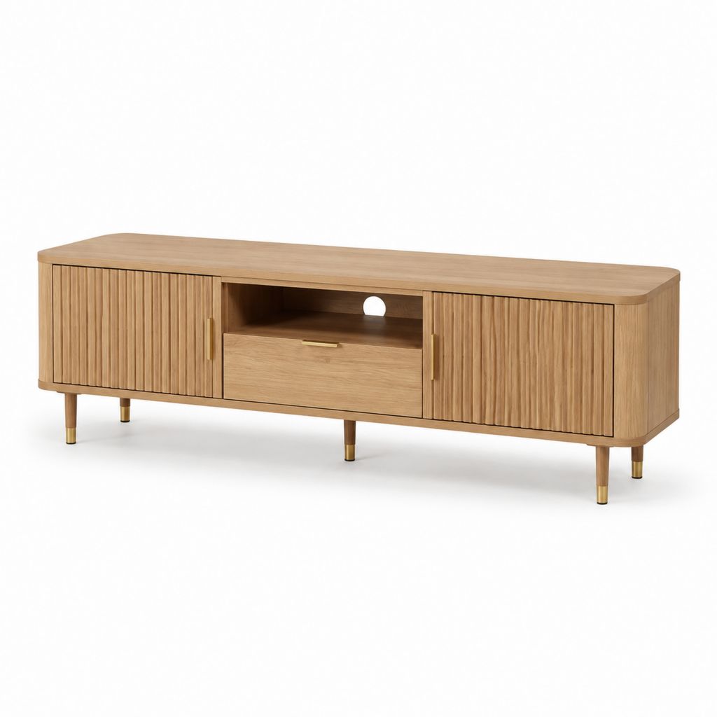 Meuble TV 2 portes 1 tiroir chêne clair MDF plaqué chêne rectangulaire 180 x 40 x 60 cm