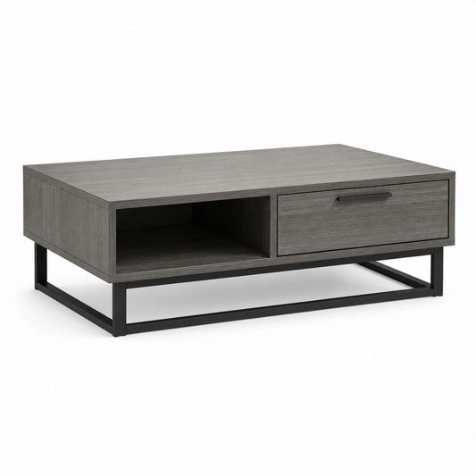 Table basse avec tiroir et niche rectangulaire gris chêne et noir en panneaux de particules mélaminés 100 x 60 x 45 cm