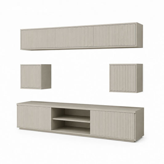 Ensemble meuble TV mural 4 pièces gris taupe en panneaux MDF rainurés 180 x 40 x 45 cm