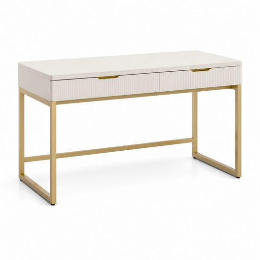 Bureau informatique rectangulaire blanc et doré en panneaux MDF mélaminés et acier 120 x 60 x 75 cm avec 2 tiroirs