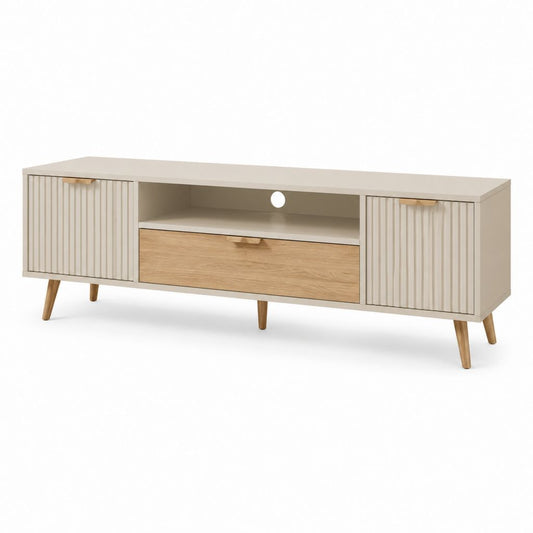 Meuble TV rectangulaire 160 cm beige et chêne clair en panneaux de particules et MDF