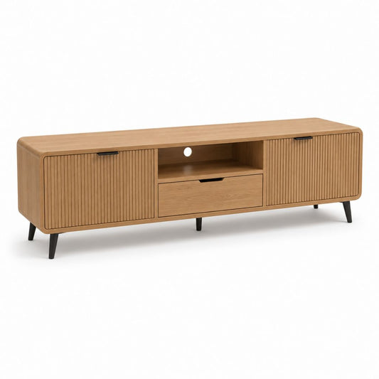 Meuble TV rectangulaire chêne clair en MDF plaqué chêne avec 2 portes et tiroir 180 x 40 x 55 cm