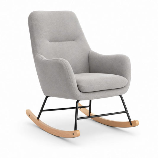 Fauteuil à bascule gris en polyester avec structure en acier et patins en contreplaqué de hêtre 68 x 90 x 103 cm