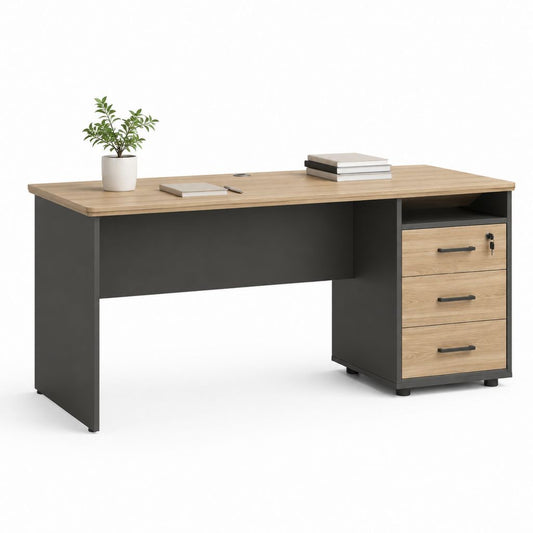 Bureau informatique avec caisson 3 tiroirs chêne clair et anthracite en panneaux de particules 140 x 60 x 75 cm