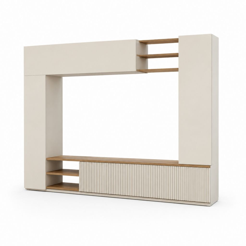 Ensemble meuble TV avec rangements blanc cassé et décor chêne en panneaux mélaminés rectangulaire 240 x 40 x 200 cm