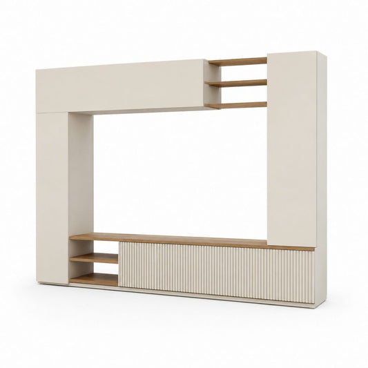 Ensemble meuble TV avec rangements blanc cassé et décor chêne en panneaux mélaminés rectangulaire 240 x 40 x 200 cm