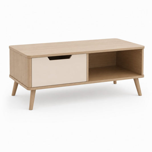 Table basse rectangulaire avec rangement chêne clair et blanc en panneaux MDF 100 x 50 x 45 cm