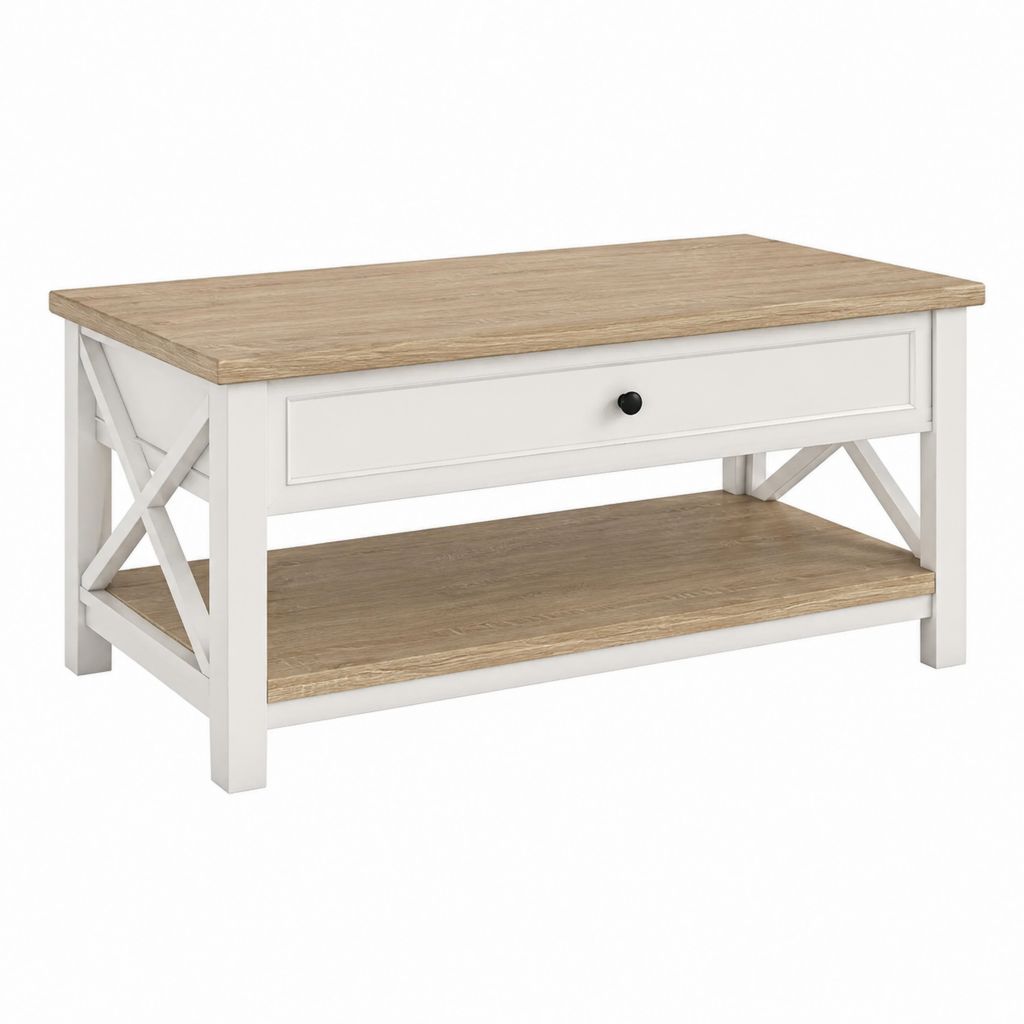 Table basse avec tiroir et étagère blanche effet chêne en panneaux MDF rectangulaire 100 x 60 x 45 cm