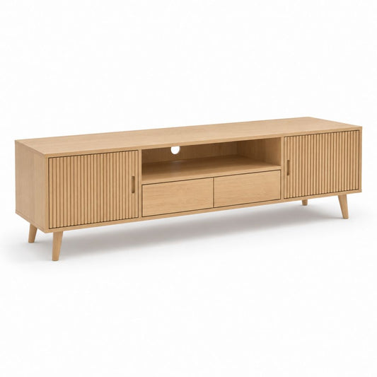Meuble TV en chêne clair rectangulaire avec rangements 180 x 40 x 55 cm