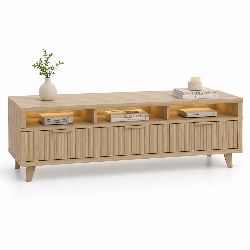 Meuble TV rectangulaire chêne clair en MDF plaqué chêne avec 3 portes et éclairage LED 180 x 40 x 60 cm