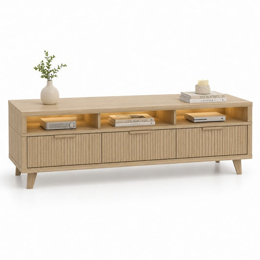 Meuble TV rectangulaire chêne clair en MDF plaqué chêne avec 3 portes et éclairage LED 180 x 40 x 60 cm