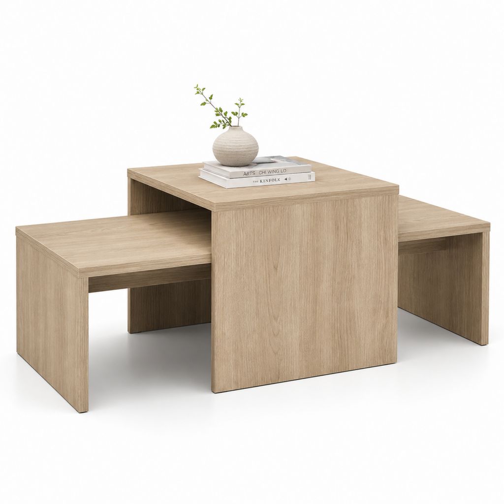 Lot de 3 tables basses gigognes rectangulaires chêne clair en panneaux de particules 80 x 50 x 45 cm