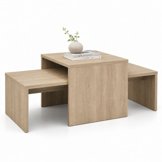 Lot de 3 tables basses gigognes rectangulaires chêne clair en panneaux de particules 80 x 50 x 45 cm