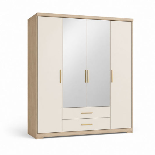 Armoire 4 portes avec miroirs et 2 tiroirs chêne clair ivoire 180 x 52 x 200 cm