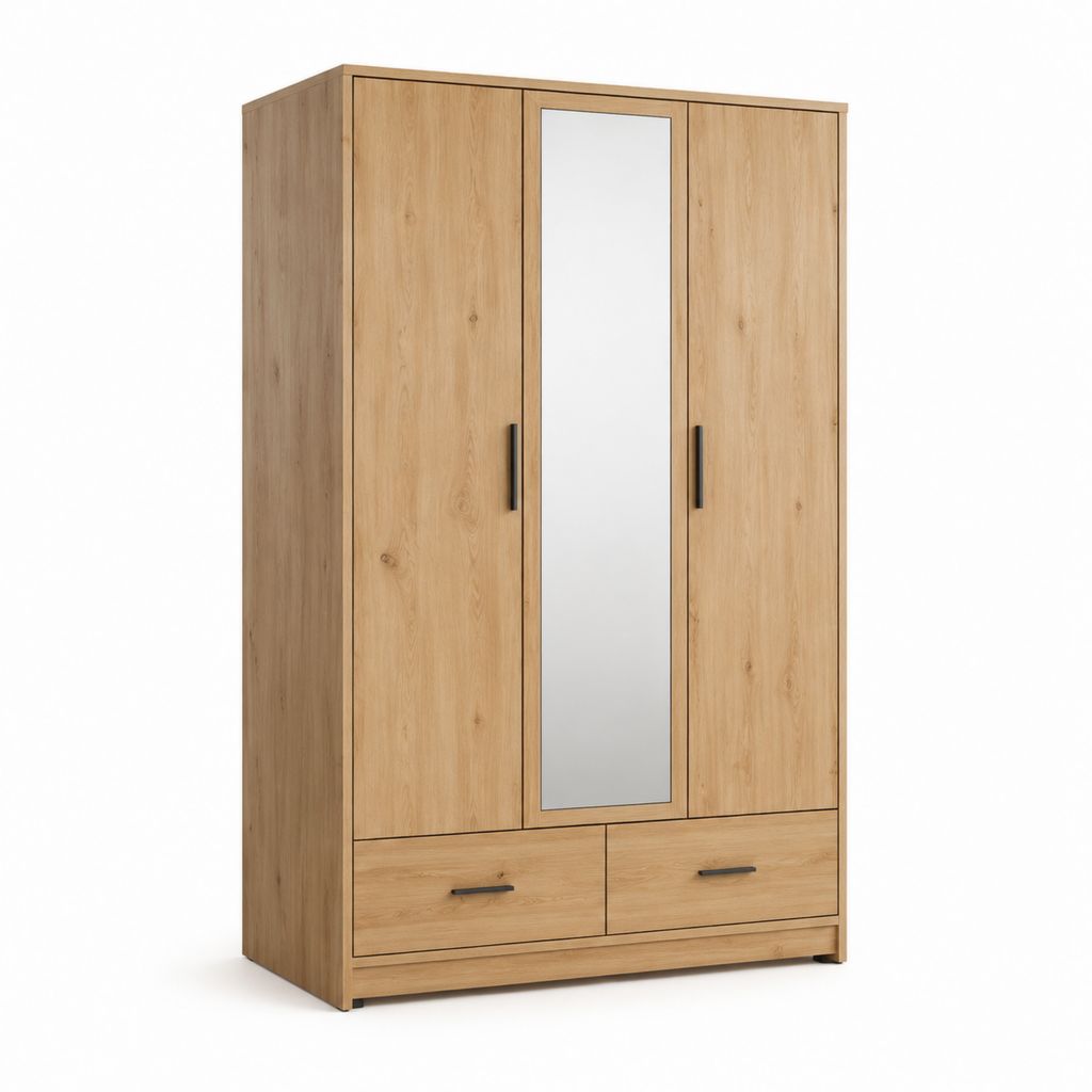 Armoire 3 portes avec miroir chêne clair en panneaux de particules 120 x 52 x 200 cm