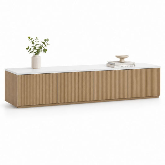 Meuble TV 4 portes blanc et chêne clair en MDF rectangulaire 200 x 40 x 55 cm